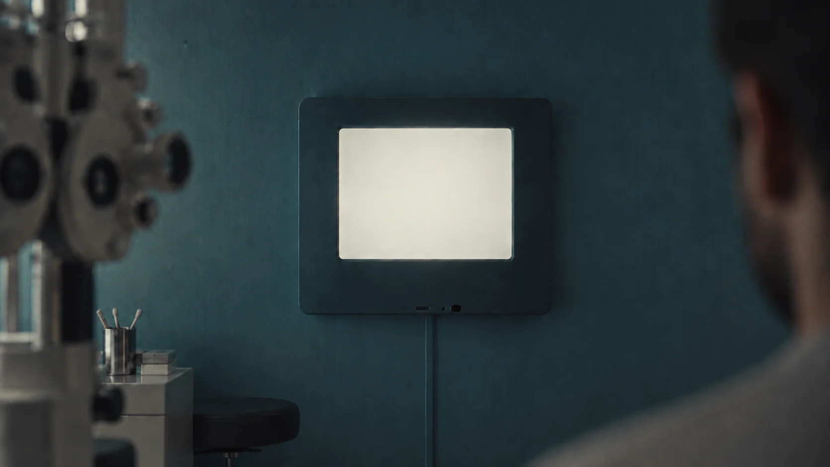 Optometry screen in a softly lit teal examination room